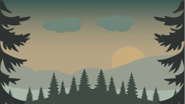 Köknar ağaçları ve çam ağaçlarının temsili karanlık bir günbatımı gökyüzüne karşı siluet oluşturarak düz bir tasarım tarzında huzurlu bir orman manzarası yaratıyor.