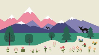 Karlı dağların zirveleri, geyik ağaçları ve çiçeklerin doğal bir bileşimi olan vektör manzarası