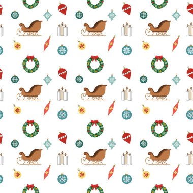 Mumlar, kızak ve Noel süsleri içeren kusursuz şenlik desenleri. 