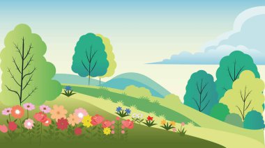 Çiçekler ve ağaçlarla dolu parlak ve doğal bir orman çayırının vektör çizimi