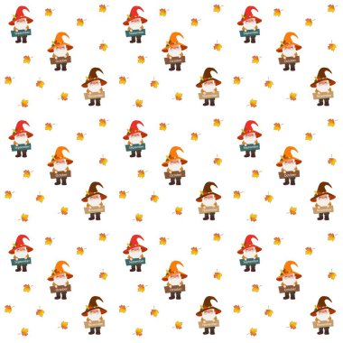 Renkli akçaağaç yapraklarıyla kusursuz sonbahar deseni ve Eylül, Ekim ve Kasım 'da yazılmış tabelalar tutan sevimli cüceler.. 