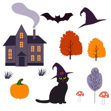 Cadılar Bayramı seti bir kedi, şapka, balkabağı, ev, sinek mantarları ve ağaçlarla dolu.