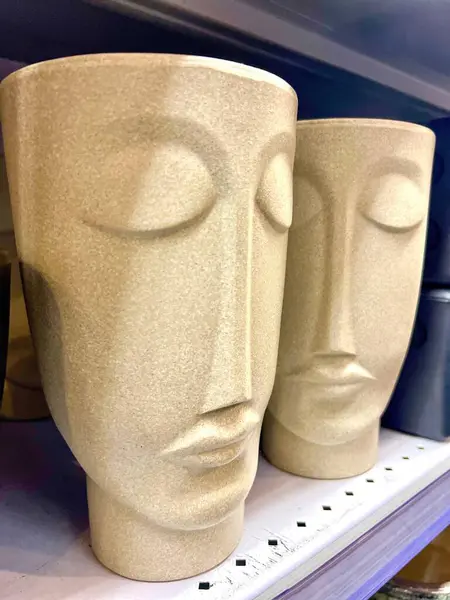 Açık bej renkte minimalist yüzleri olan iki dekoratif vazo, bir rafa yerleştirilmiş. Heykeller eşsiz ve modern bir estetik getiriyorlar, yüzünde ince detaylar ve hafif parlak bir doku var. Bu vazolar bir çağdaş eklemek için idealdir. 