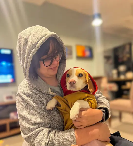 Gri kapüşonlu bir kadın, kırmızı ve sarı kapüşonlu Beagle 'ına sevgiyle sarılıyor. Sıcak atmosferde yumuşak ışık ve dekoratif elementler var. Aralarındaki sevgi ve sevgiyi aktarıyorlar..