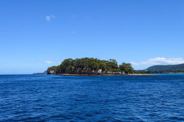 Ölüm adası, feribot ve Prion 'u çevreleyen okyanus, Port Arthur hapishanesi. Tazmanya, Avustralya