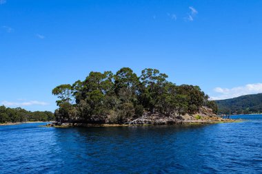 Ölüm adası, feribot ve Prion 'u çevreleyen okyanus, Port Arthur hapishanesi. Tazmanya, Avustralya