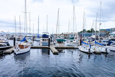 Hobart, Tazmanya, Avustralya 'daki Anayasa rıhtımındaki binalar, tekneler ve manzaralar 