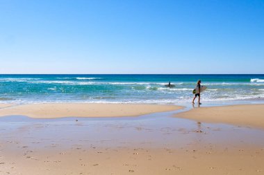 Noosa Ulusal Parkı, sörf, sahil yürüyüşü, çarpıcı mavi deniz ve okyanus boyunca yürüyüş güneşli mavi gökyüzü günü, Günışığı, Avustralya 