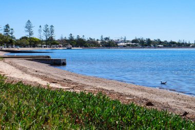 Wynnum İskelesi ve Manly 'deki sahil boyunca yürüyoruz. Güneşli, açık ve mavi bir gökyüzü. 