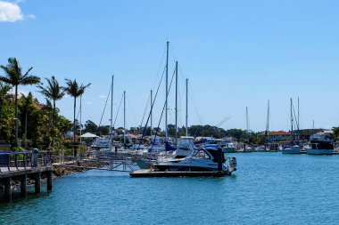 Wynnum İskelesi ve Manly 'deki sahil boyunca yürüyoruz. Güneşli, açık ve mavi bir gökyüzü. 