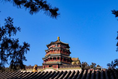Yaz Sarayı ve Kunming Gölü ve kışın en uzun koridor, Pekin, Çin.