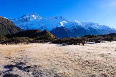 Güneşli, mavi bir kış gününde Yeni Zelanda 'nın güney adasındaki Mount Cook Ulusal Parkı' nda yürüyüş. 
