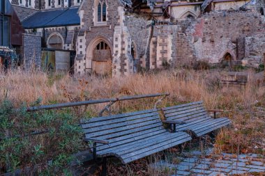 Christchurch şehir merkezi, halk parkı ve yıkılmış kilise, Christchurch, Canterbury, Yeni Zelanda katedrali 