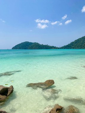 Koh Similan 'daki yeşil, zümrüt, turkuaz suya atlayıp şnorkelle yüzüyorlar. 