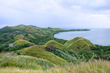 Yeşil tepe, okyanus manzarası ve Komodo adaları. 