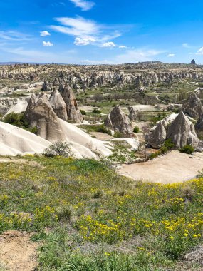 Büyüleyici ve eşsiz doğa ve kaya oluşumunun hava ve panoramik görüntüsü, Kapadokya 'nın peri bacaları, Goreme, Türkiye' nin güzel bir bahar günü mavi gökyüzü, sarı kır çiçeklerinin açtığı