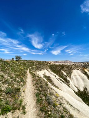 Doğal kaya oluşumunun panoramik görüntüsü, Kapadokya 'nın peri bacaları, Goreme, Türkiye güzel bir bahar mavi gökyüzü günü