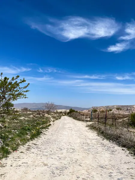 Uchisar şatosu ve peri bacaları, doğal volkanik kaya oluşumları ve Goreme, Kapadokya, Türkiye 'deki kırmızı vadi manzarası