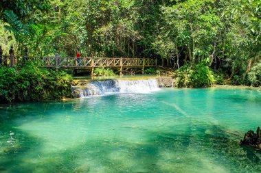Kuang Si şelalesinin en görkemli ve nefes kesici doğası ve şelalesi ve onun yeşil, zümrüt kristal berrak suyu ve Luang Prabang Gölü. 
