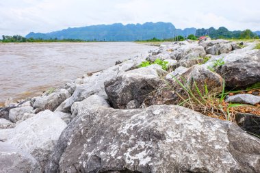 River flow, natural stream and the beautiful fresh green nature and mountain in the south of Laos 