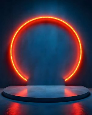 Beton duvarda neon ışıklı boş yuvarlak bir daire. 3d oluşturma