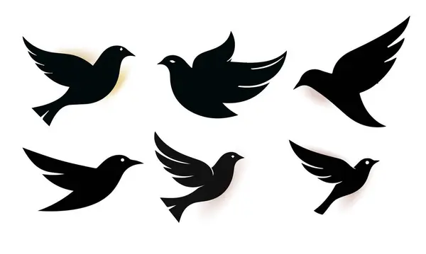 Grafik Tasarım ve Sanatsal Projeler ve Yaratıcı İçerik için Beyaz Arkaplan Üzerinde Farklı Pozisyonlarda Altı Siyah Kuş Silueti Koleksiyonu