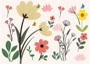 Vektör çiçekli arka plan. çiçekler, yapraklar ve dallar, botanik elementler.