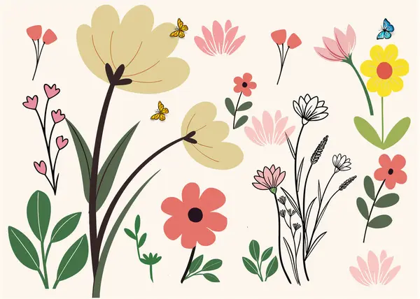 Vektör çiçekli arka plan. çiçekler, yapraklar ve dallar, botanik elementler.