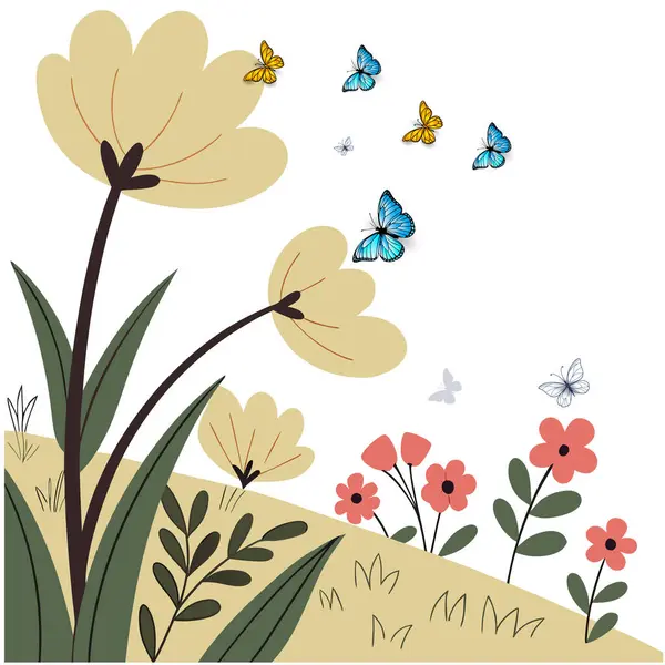 Kelebekli ve bitkilerli çiçek çizimi