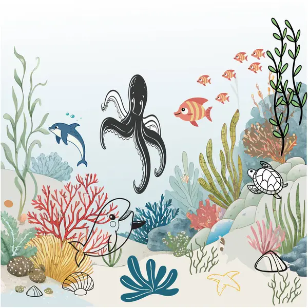 Bir dizi farklı deniz hayvanı ve su altı dünyası. deniz yaratıkları ve balıklar, mercanlar, denizanaları, deniz atları, deniz yosunları,