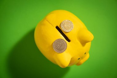 Bozuk paralı domuz kumbarası. Tasarruf kavramı