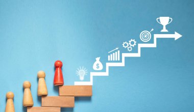 Tahta insan figürü merdivene tırmanır. Başarı, kariyer büyümesi ve iş