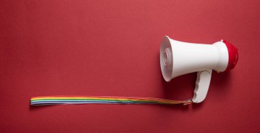 Bordeaux arka planında megafon. Dikkat! 