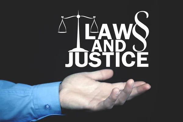 Männliche Hand Zeigt Konzept Für Recht Und Gerechtigkeit — Stockfoto