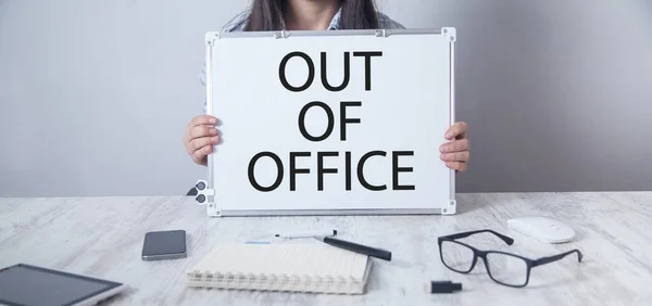 Business Girl Showing Out Office Text — Stock Photo, Image