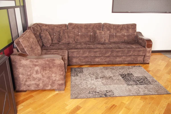 有舒适的棕色沙发的现代客厅 — 图库照片