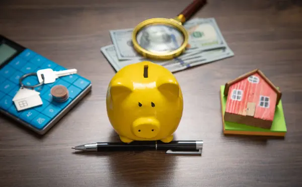 House Model Piggy Bank Money Wooden Table — Stock Photo, Image