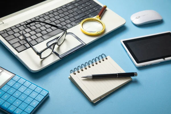 stock image Eyeglasses, laptop computer and other business objects.