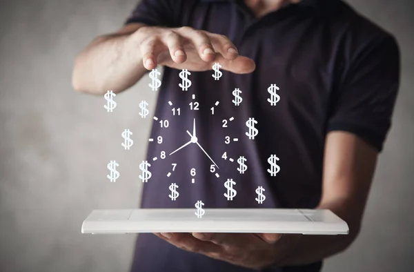 Relógio Humano Com Símbolos Dólar Tempo Dinheiro — Fotografia de Stock