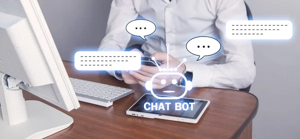 Human Holding Smartphone Chat Bot Application Online Information Artificial Intelligence — Stock Photo, Image