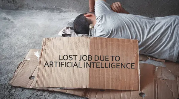 Homeless man with a message Lost Job Due To Artificial Intelligence.