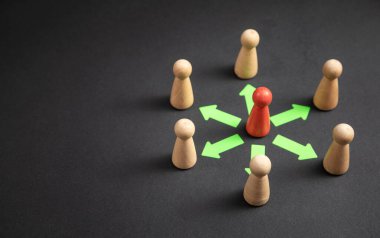 Delegasyon konsepti. Okları olan tahta insan figürleri