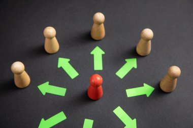 Delegasyon konsepti. Okları olan tahta insan figürleri