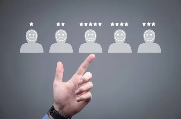 Human icons with positive and sad face, stars. Customer evaluation and satisfaction