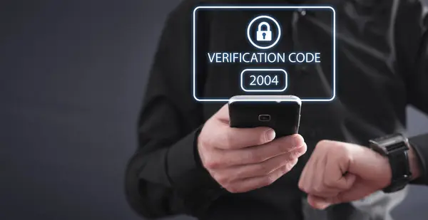 Human using smartphone. Identity verification code, Cyber security