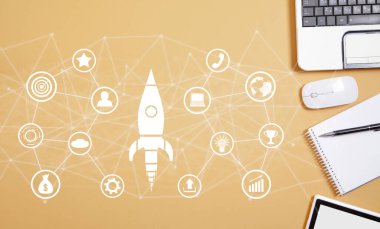 İş simgeleri ve iletişim ağı olan bir roket. İş için. Açılış