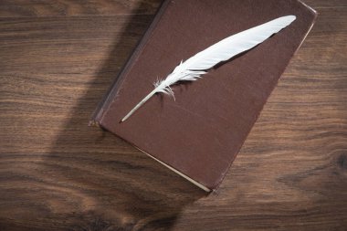 Kuş tüyü ve kitap ahşap masada..