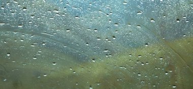 Camın üzerindeki su damlalarının yakınlaştırılması.