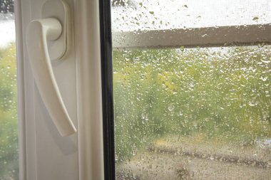 Yağmurlu günün penceresinden damlayan su bardakları.