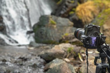 Profesyonel kamera doğada fotoğraf çekiyor..